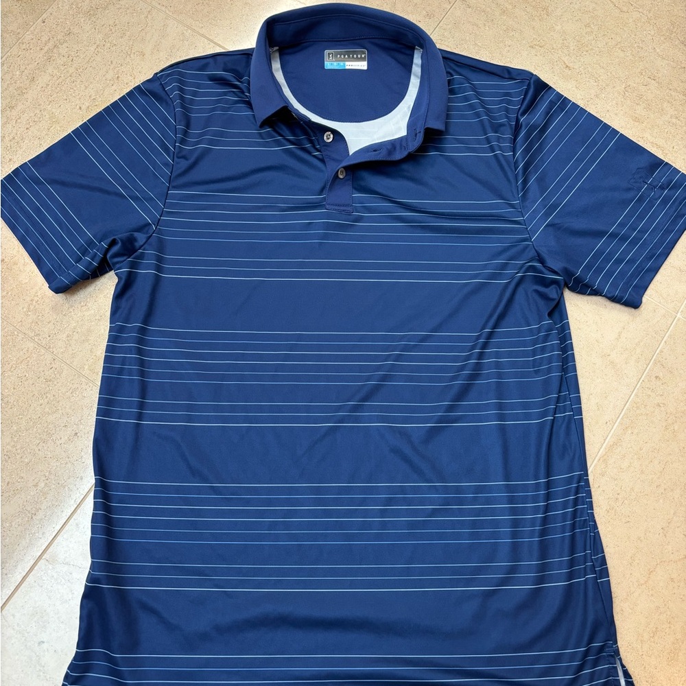 PGA Tour Navy Blue Striped Polo (Size L)